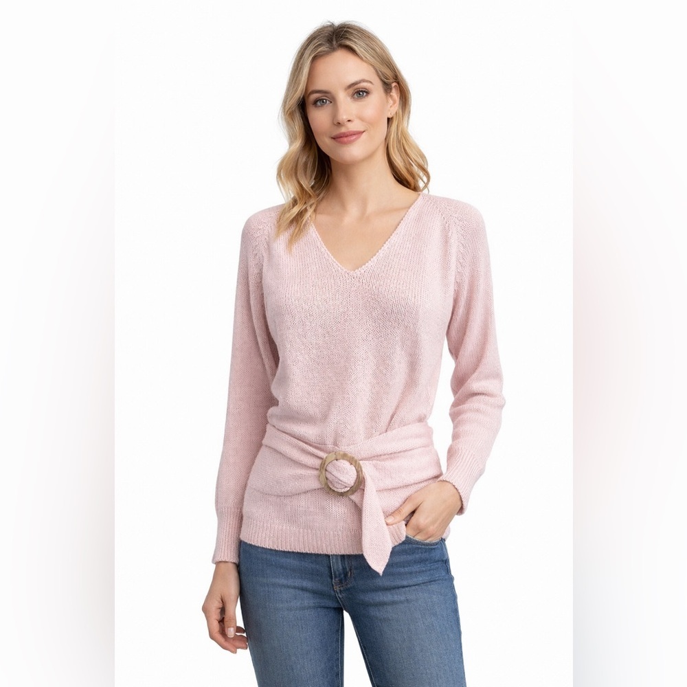 Ann Wi Pink V Neck Belted Knit Sweater Tie Waist Soft Girl Women’s Small